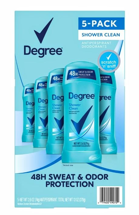 Degree Antiperspirant Deodorant, Shower Clean (2.6 oz., 5 pk.)